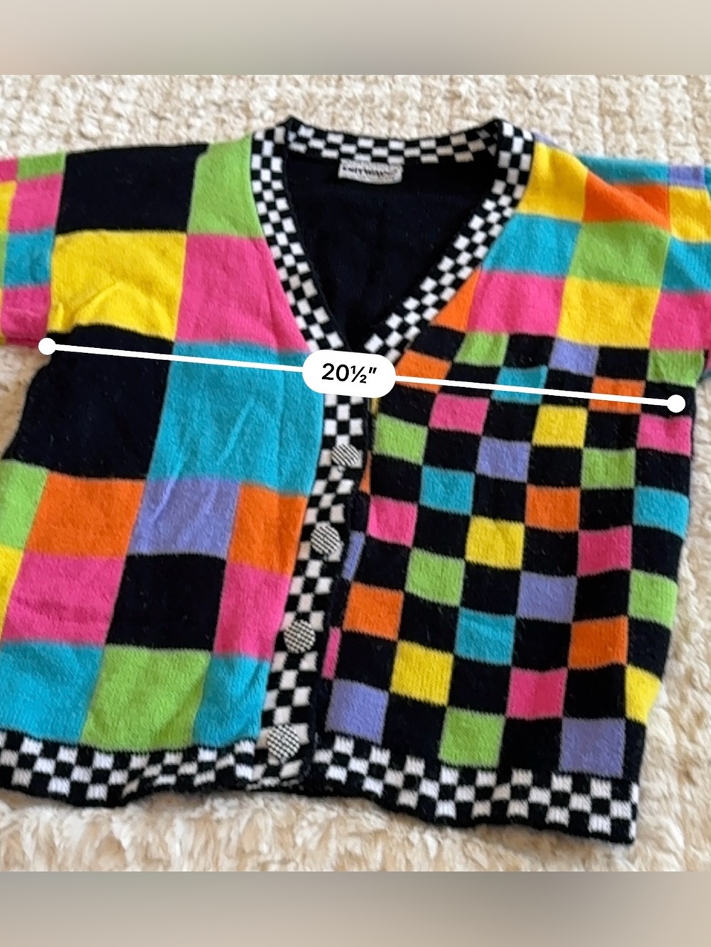 VTG 80s/90s Knitwaves Neon Colorblock Checkerboard Cardigan - Picture 3 of 8
